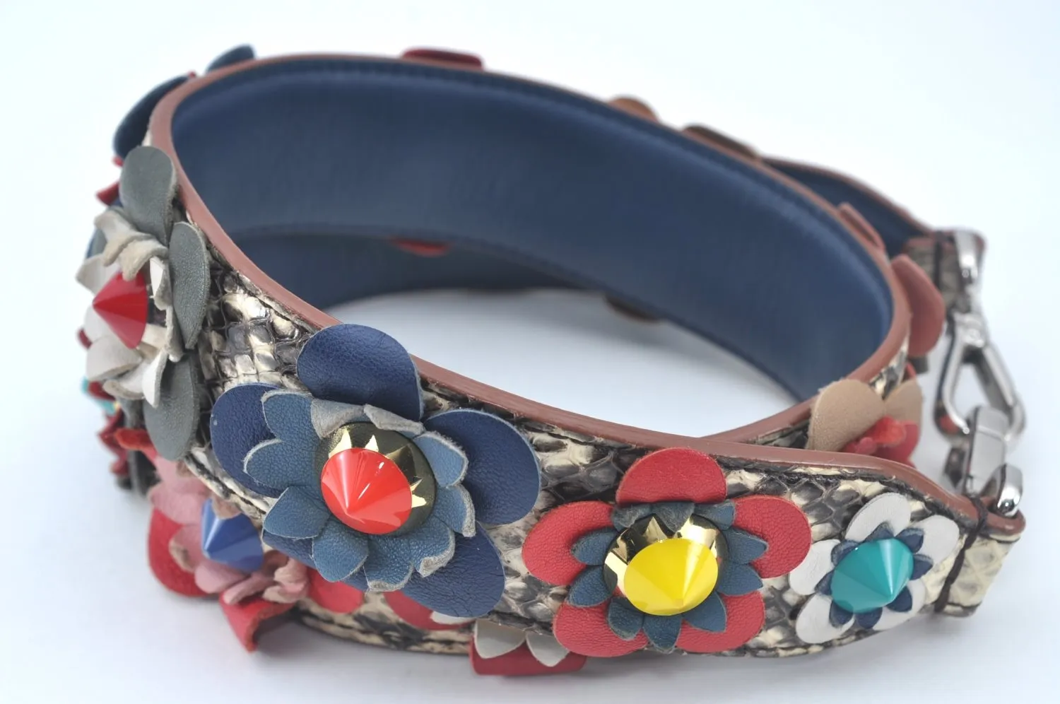 Auth FENDI Shoulder Strap You Python Flower Motif Leather 35.4" Multicolor L0244