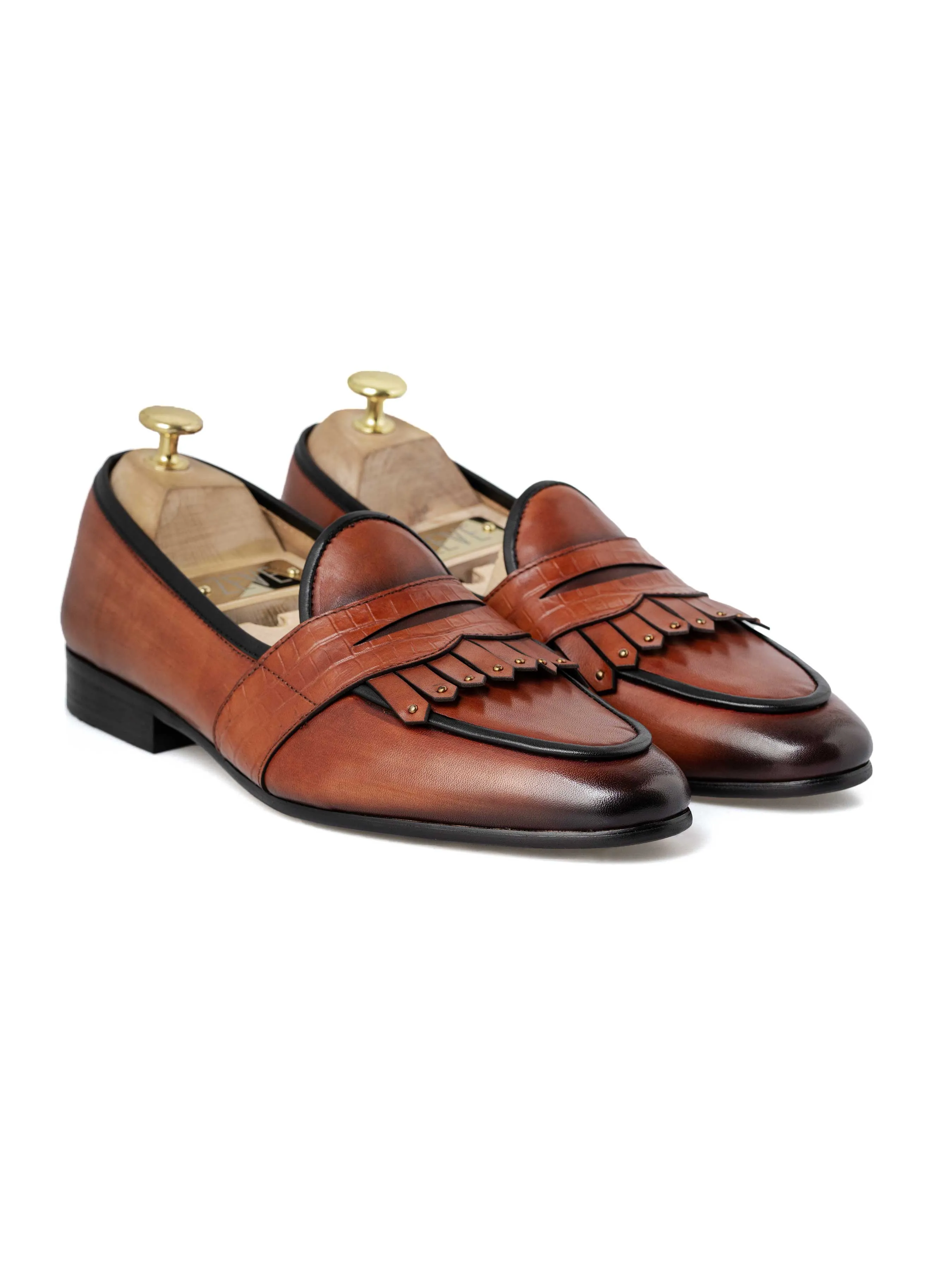 Belgian Loafer - Cognac Tan Phyton Penny Strap with Studded Fringe (Hand Painted Patina)