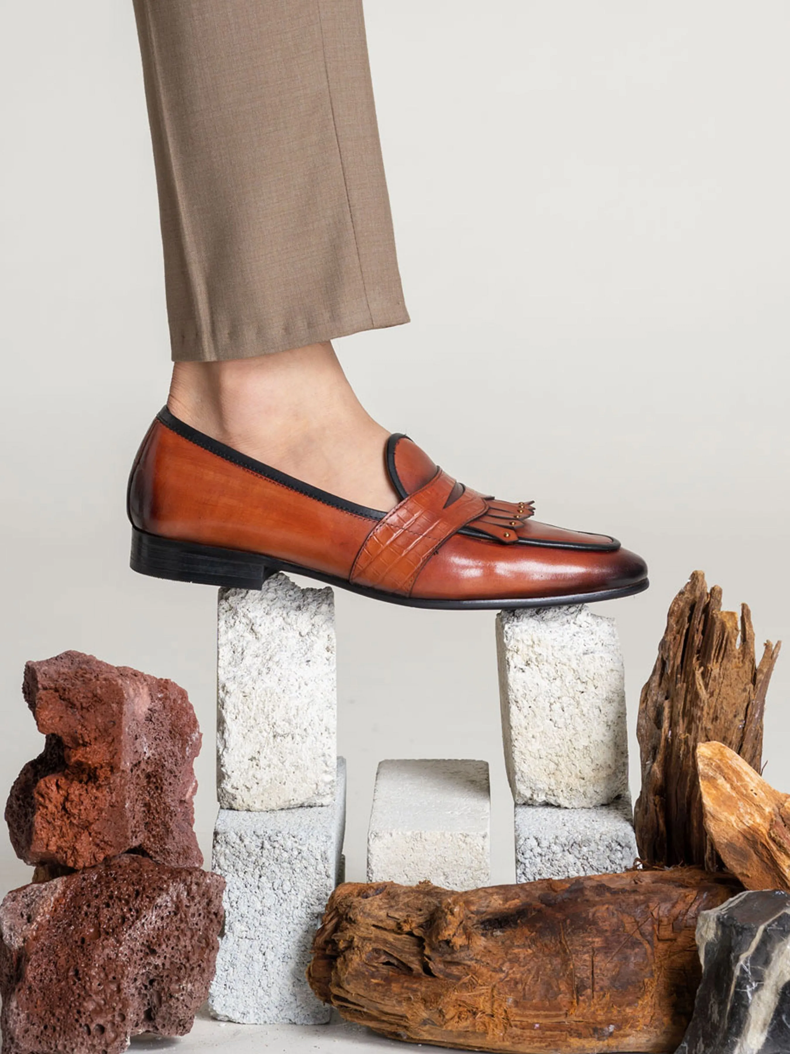 Belgian Loafer - Cognac Tan Phyton Penny Strap with Studded Fringe (Hand Painted Patina)