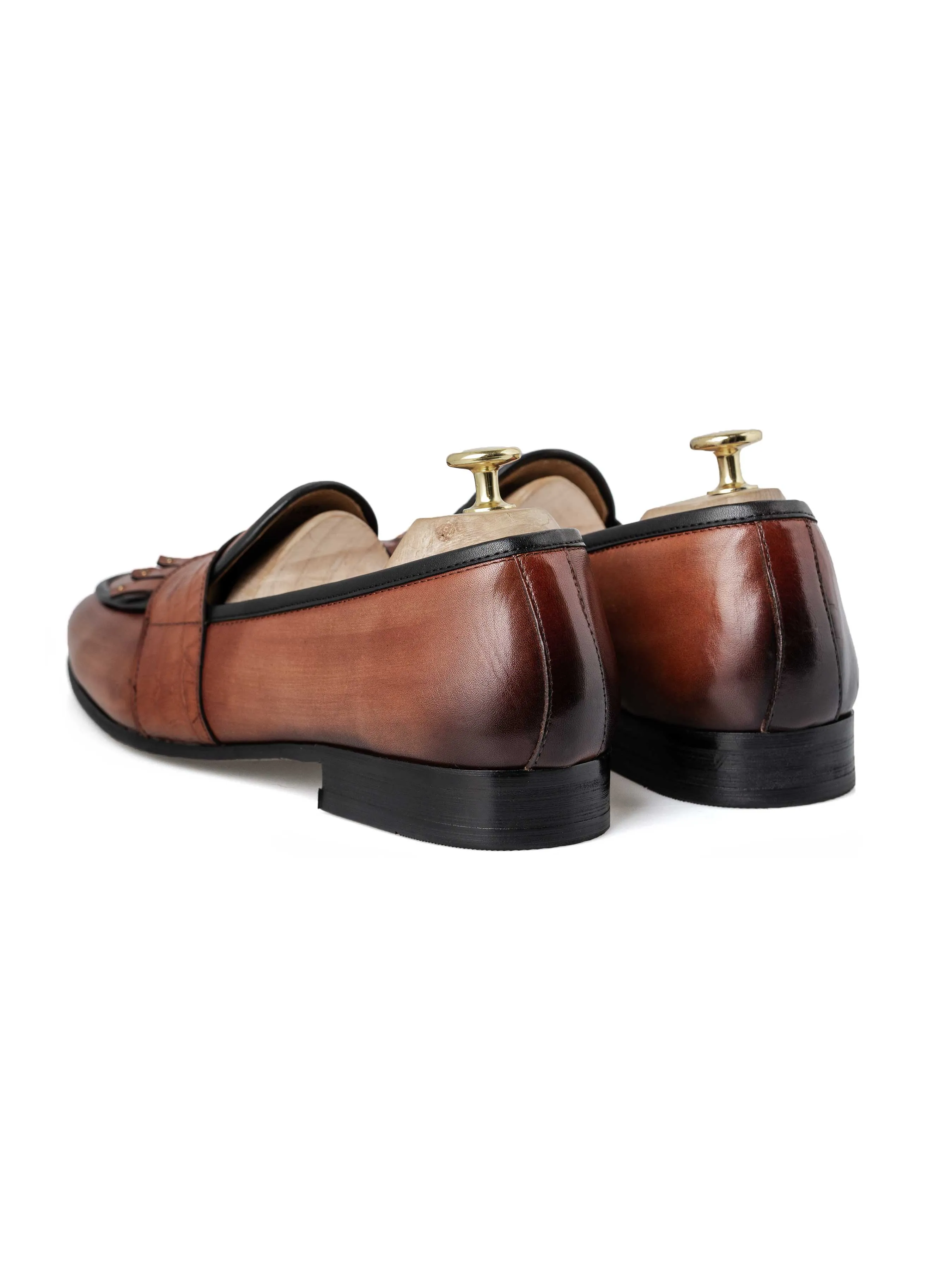 Belgian Loafer - Cognac Tan Phyton Penny Strap with Studded Fringe (Hand Painted Patina)