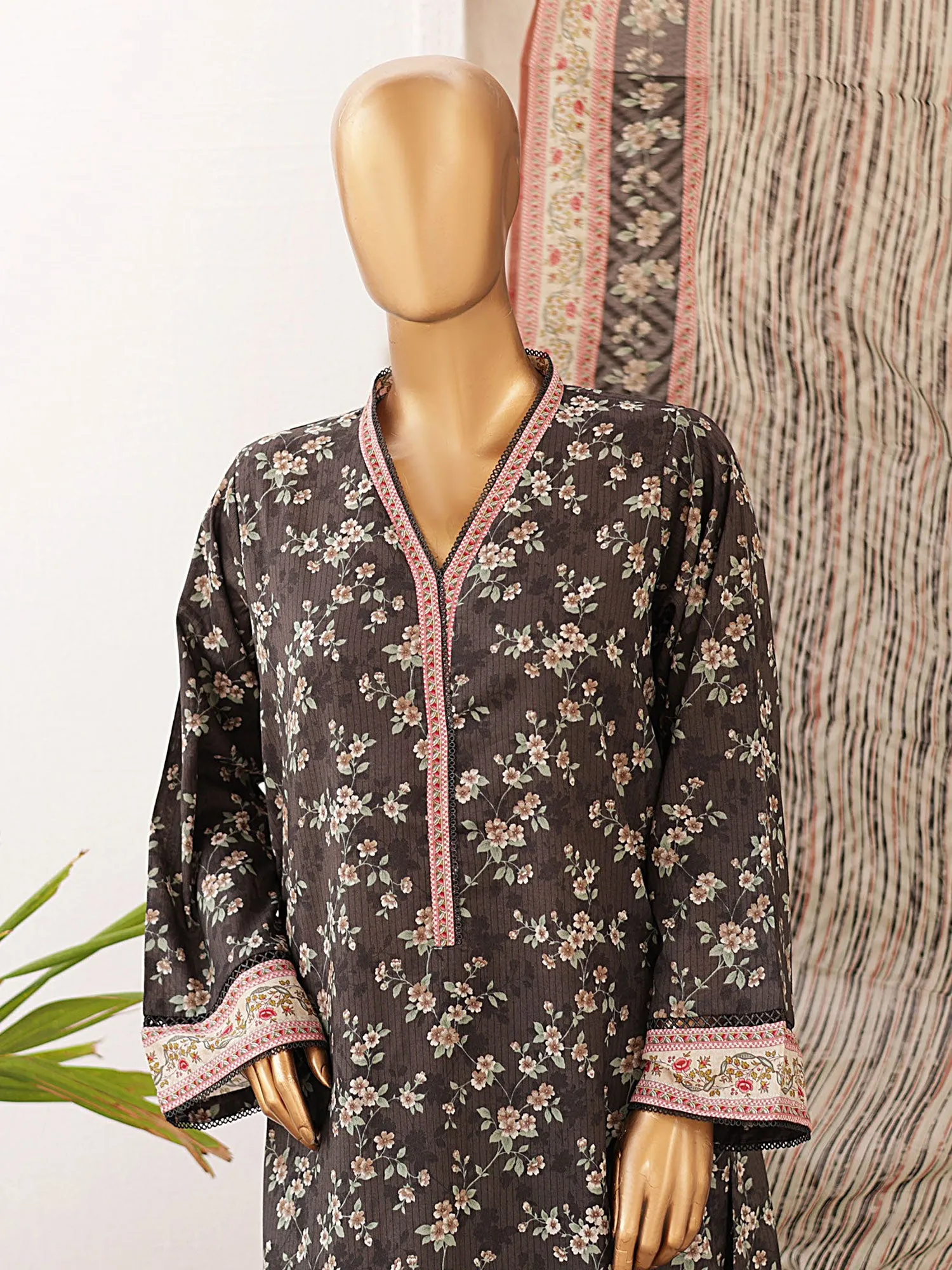 Bin Saeed Printed Lawn 3-Piece Suit - Charcoal Grey