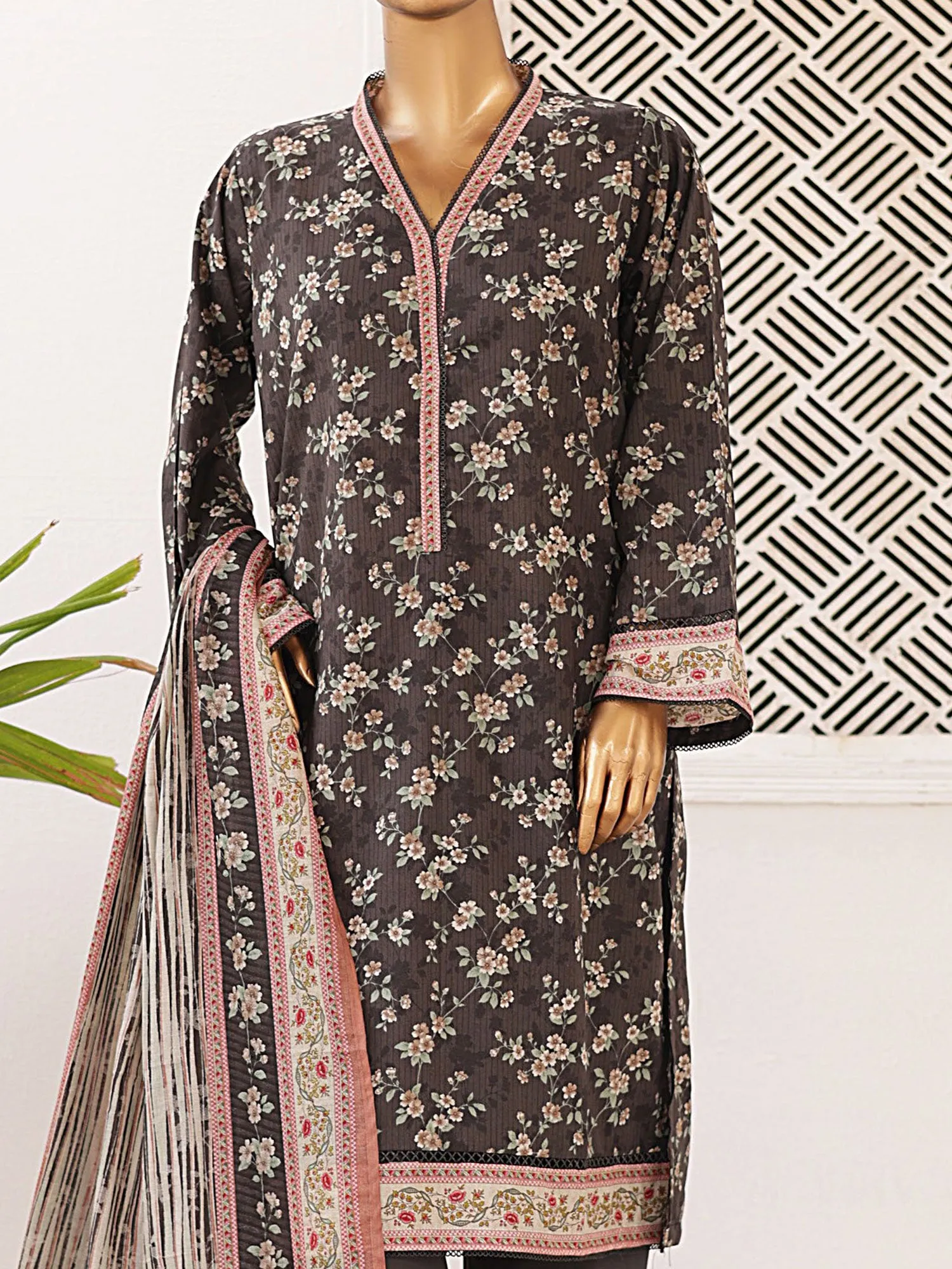 Bin Saeed Printed Lawn 3-Piece Suit - Charcoal Grey