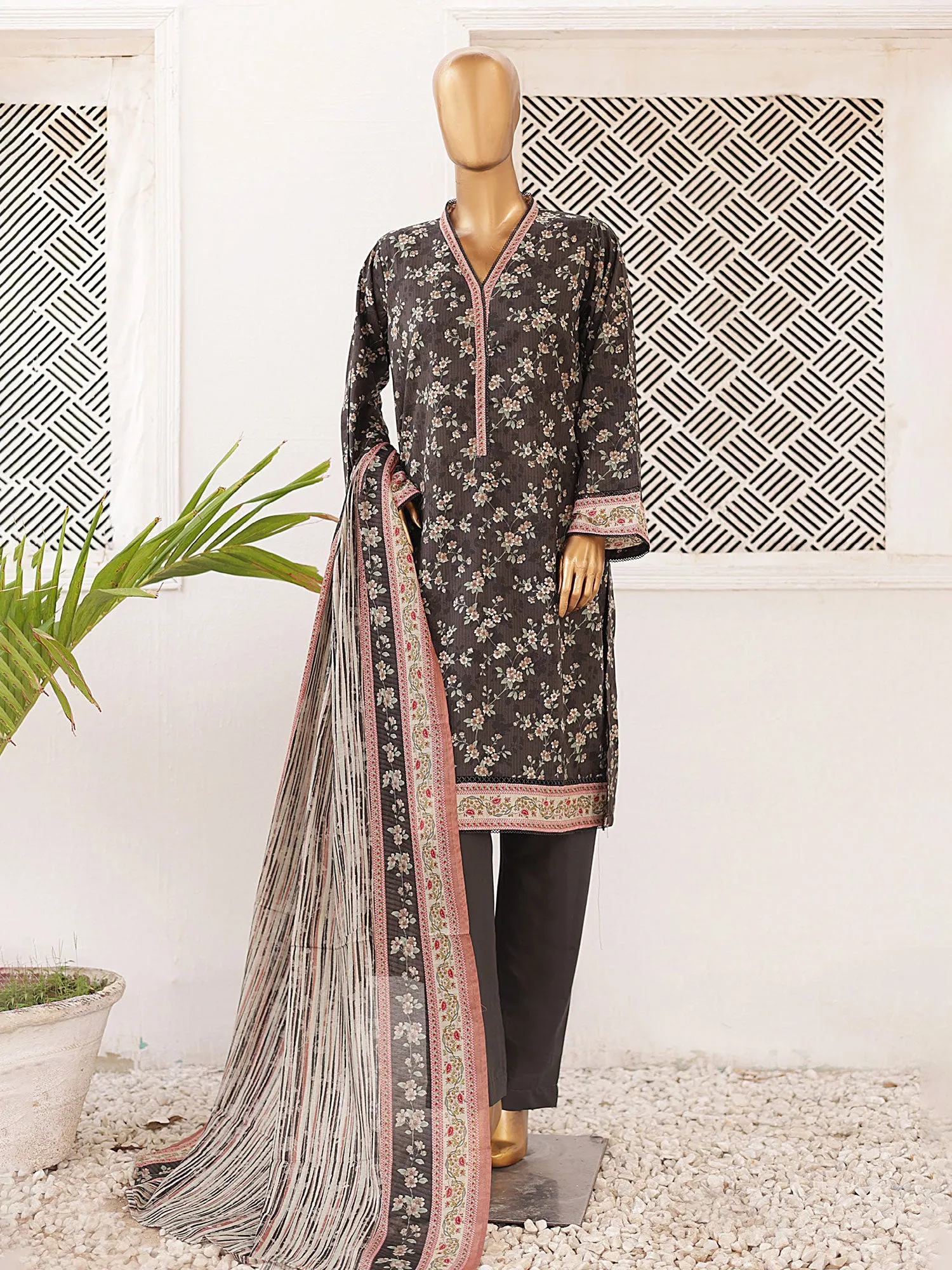 Bin Saeed Printed Lawn 3-Piece Suit - Charcoal Grey