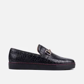 Boardwalk Black Crocskin Leather Horse-Bit Sneakers