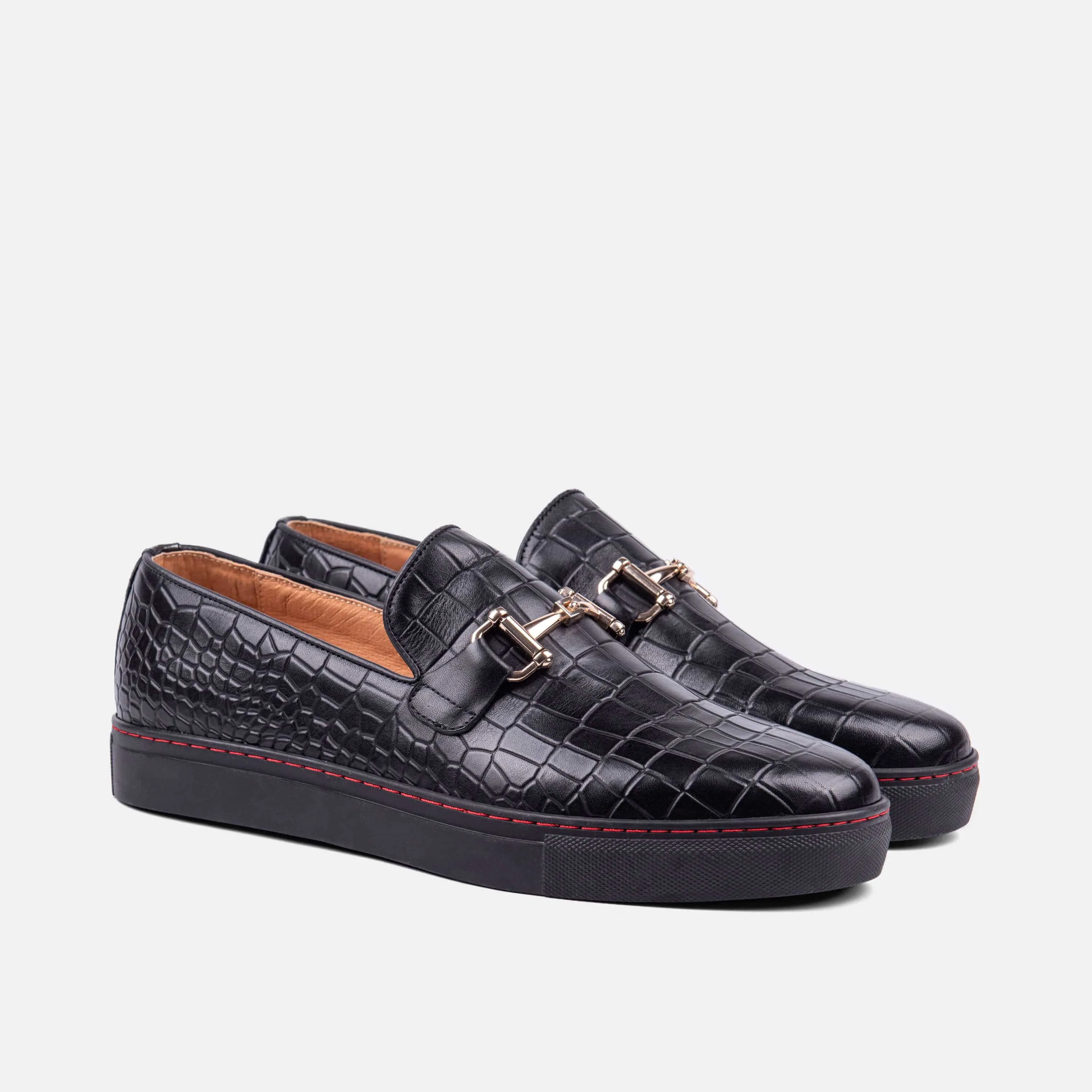 Boardwalk Black Crocskin Leather Horse-Bit Sneakers