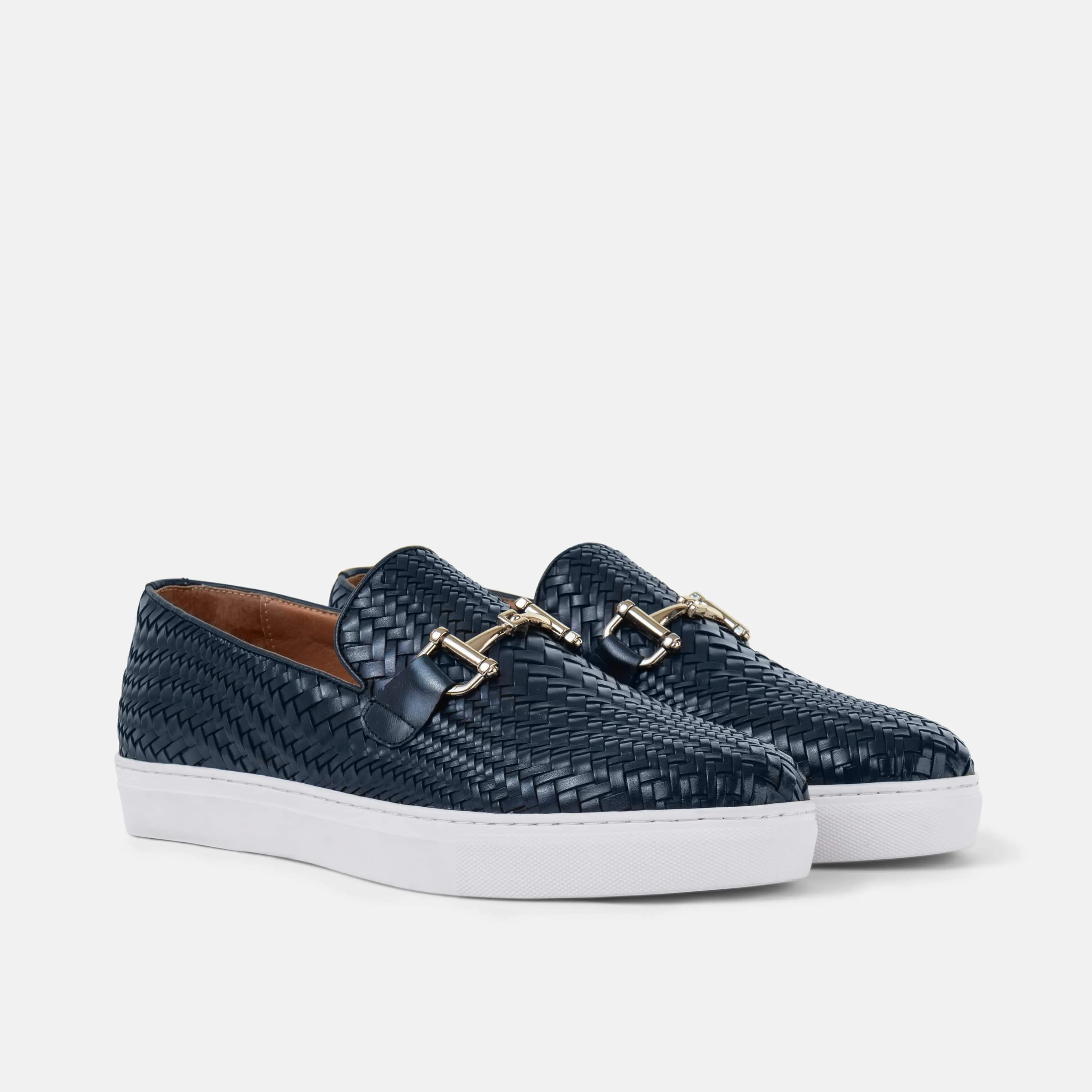 Boardwalk Navy Woven Leather Horse-Bit Sneakers