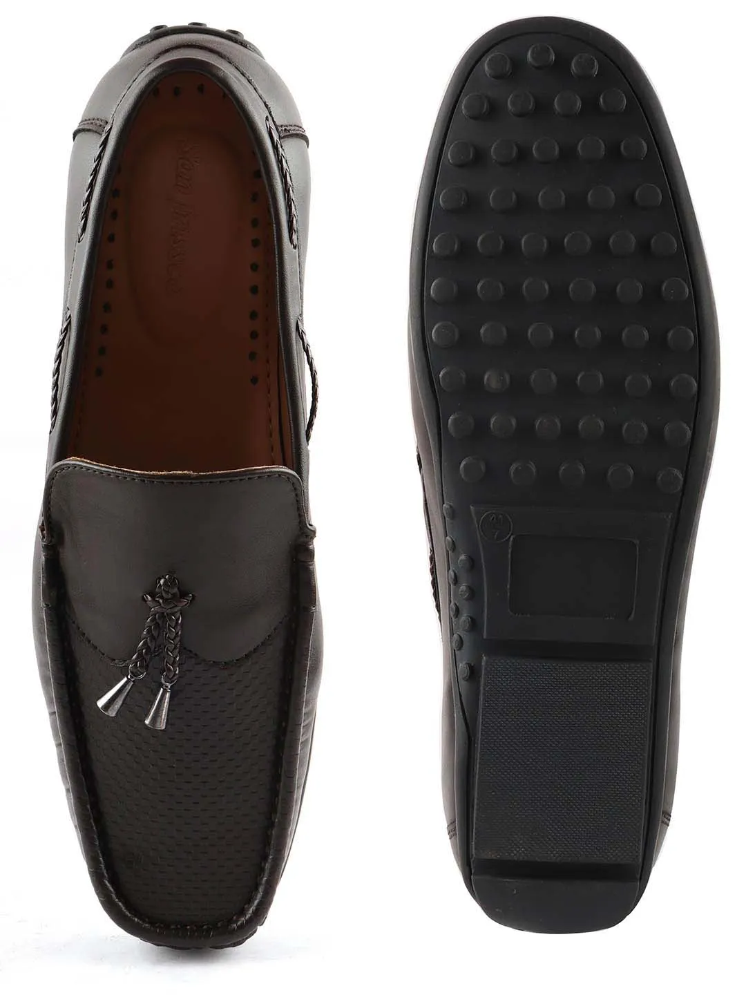 Brown Textured Tassel Loafers