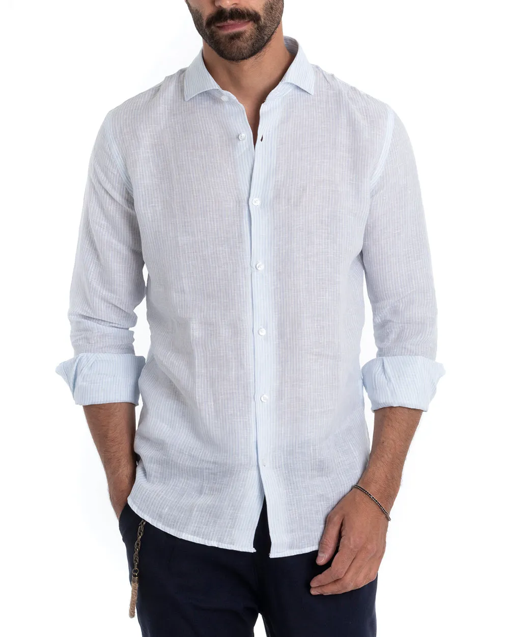 Camicia Uomo Lino Con Colletto Manica Lunga Regular Fit Riga Stretta Celeste GIOSAL-C2426A