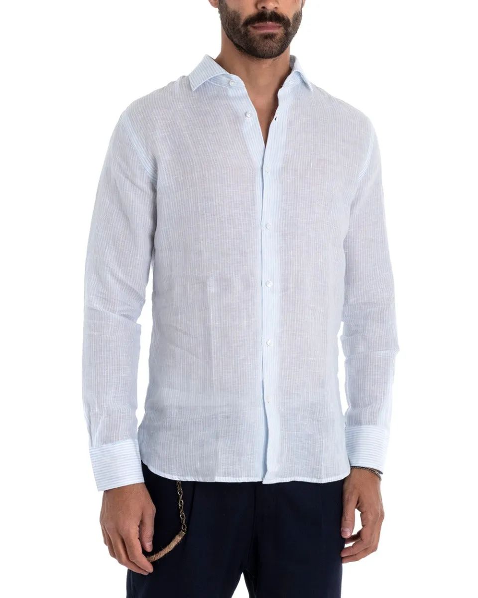 Camicia Uomo Lino Con Colletto Manica Lunga Regular Fit Riga Stretta Celeste GIOSAL-C2426A