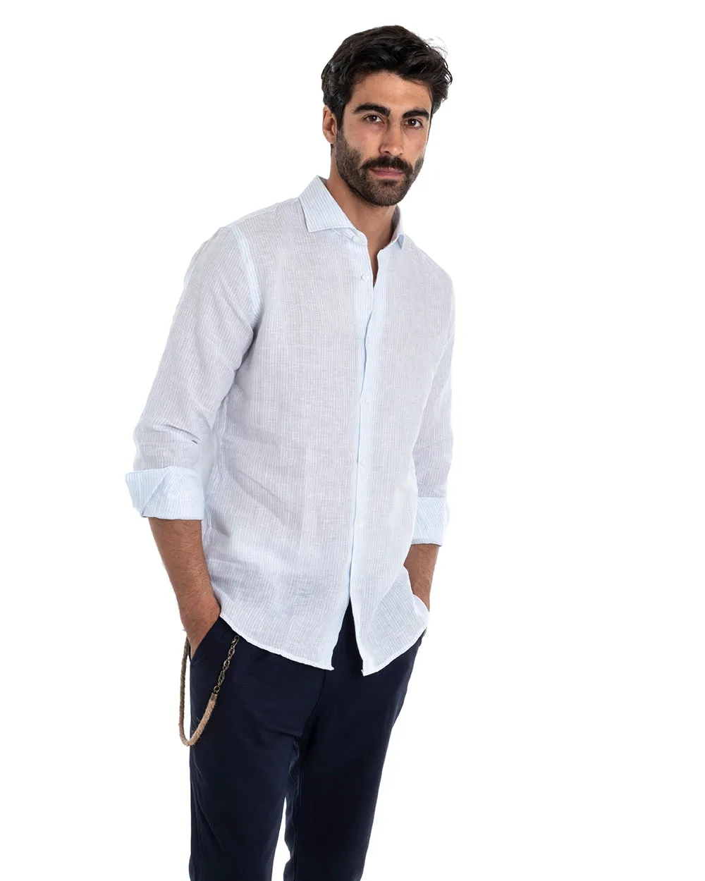 Camicia Uomo Lino Con Colletto Manica Lunga Regular Fit Riga Stretta Celeste GIOSAL-C2426A