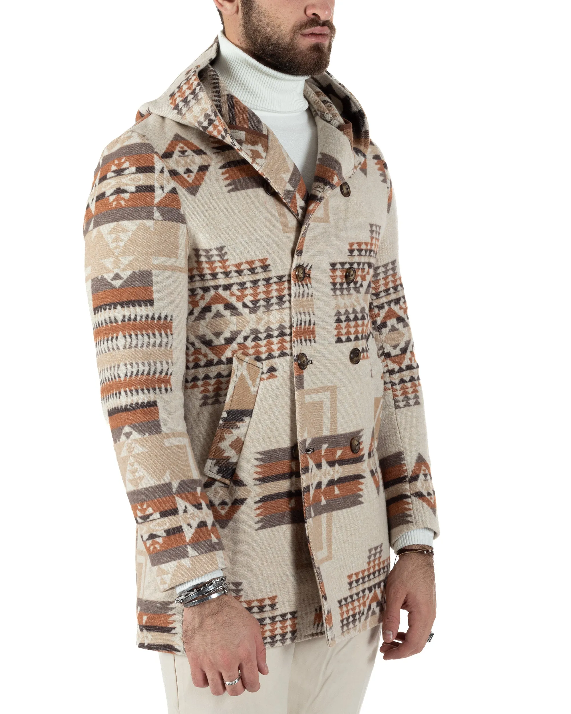 Cappotto Giacca Uomo Doppiopetto Giaccone Fantasia Etnica Beige Giubbotto GIOSAL-CO1032A