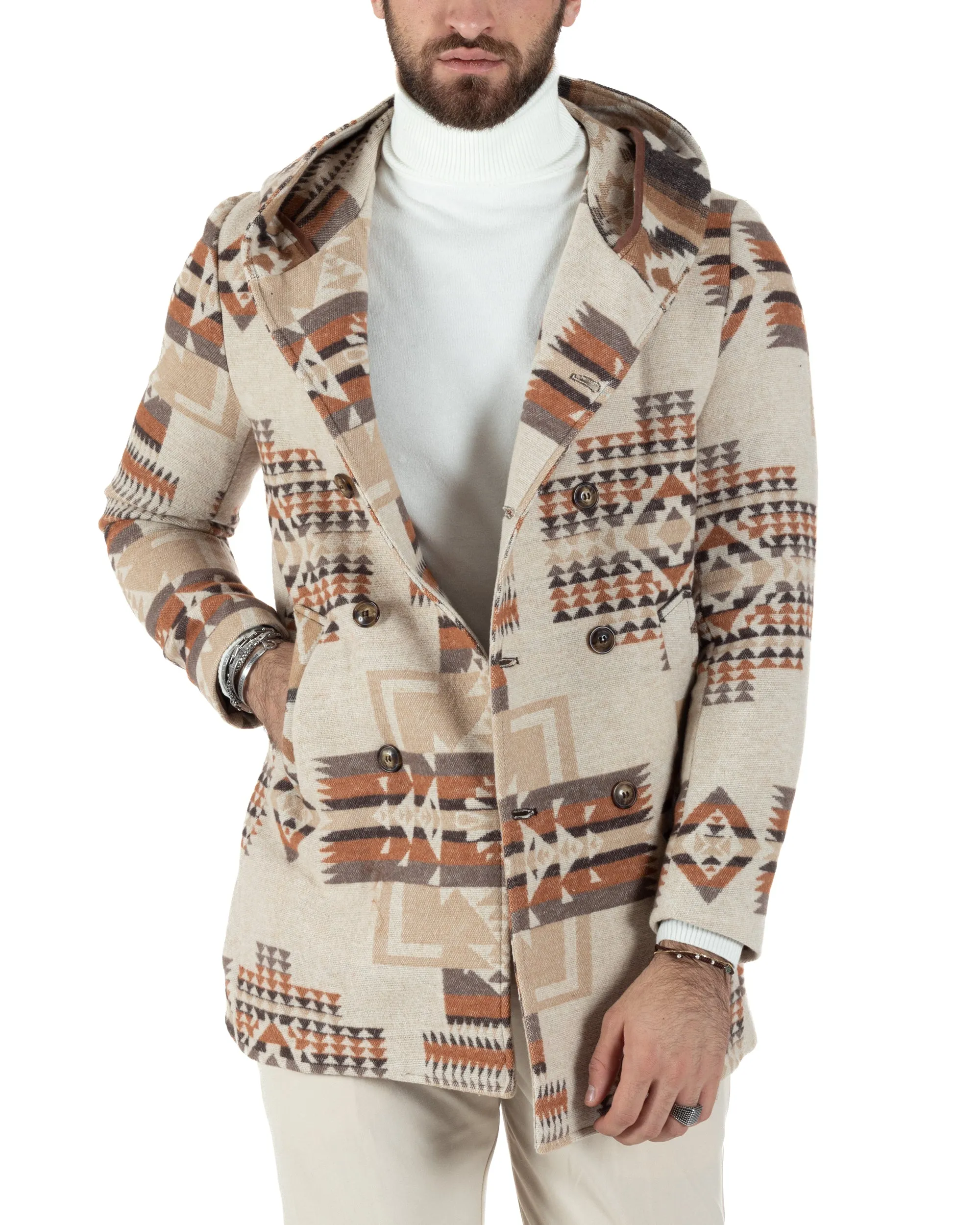 Cappotto Giacca Uomo Doppiopetto Giaccone Fantasia Etnica Beige Giubbotto GIOSAL-CO1032A