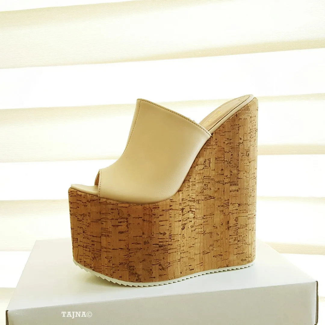 Cream Peep Toe High Heel Platform Wedge Mules