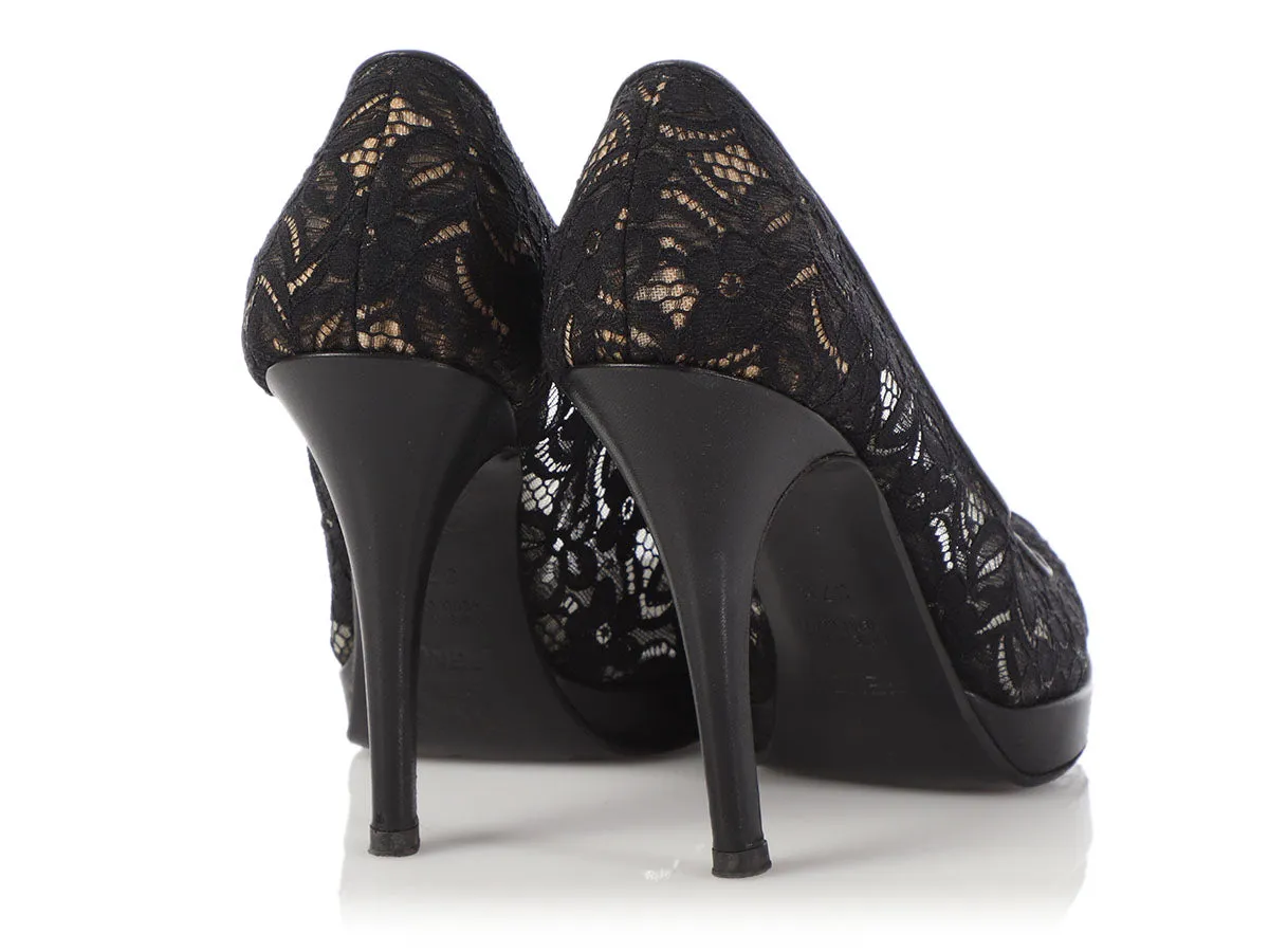 Fendi Black Lace Peep Toe Pumps