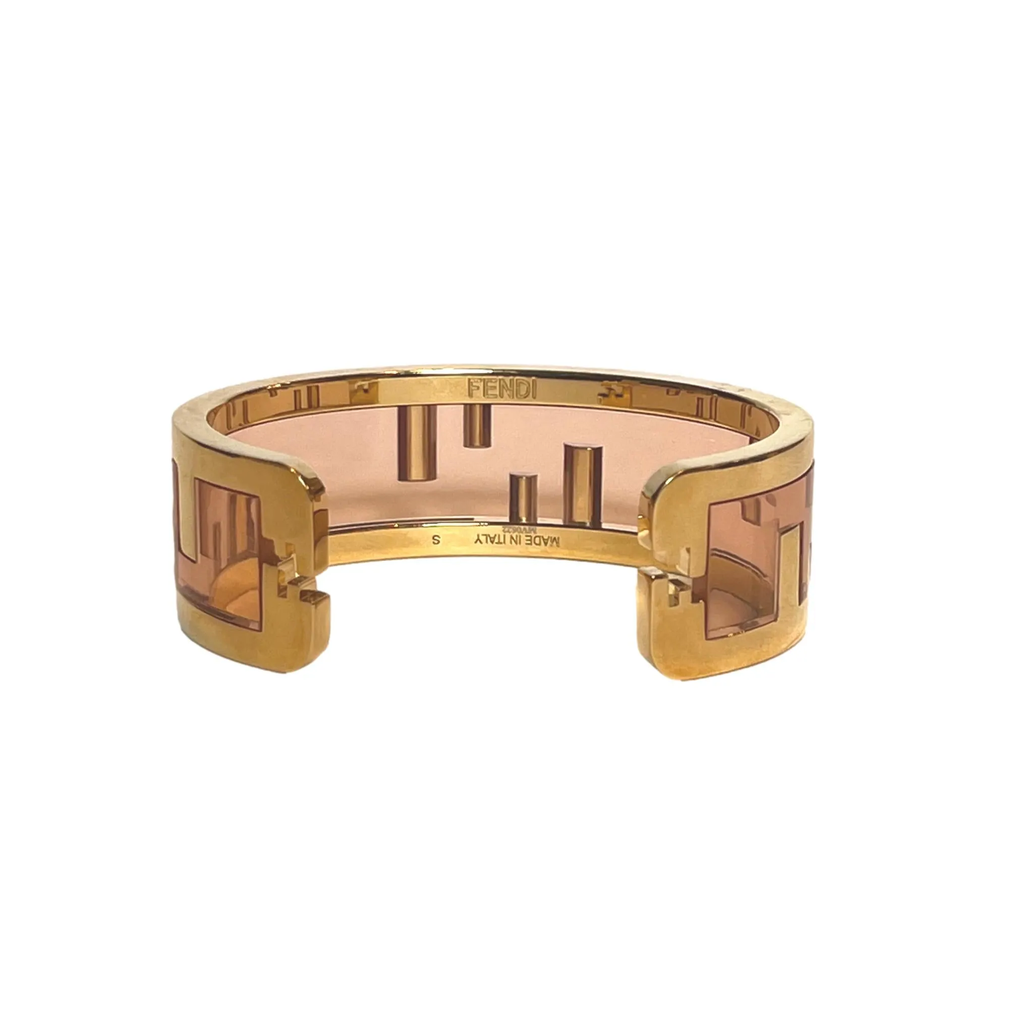 Fendi O'Lock Womens Gold Metal and Dust Pink Plexiglass Small Bracelet