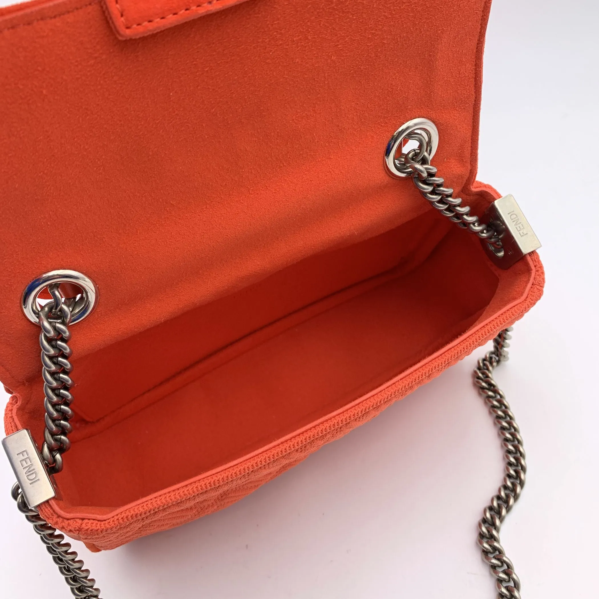 Fendi Orange Embossed FF Logo Baguette Chain Crossbody Bag