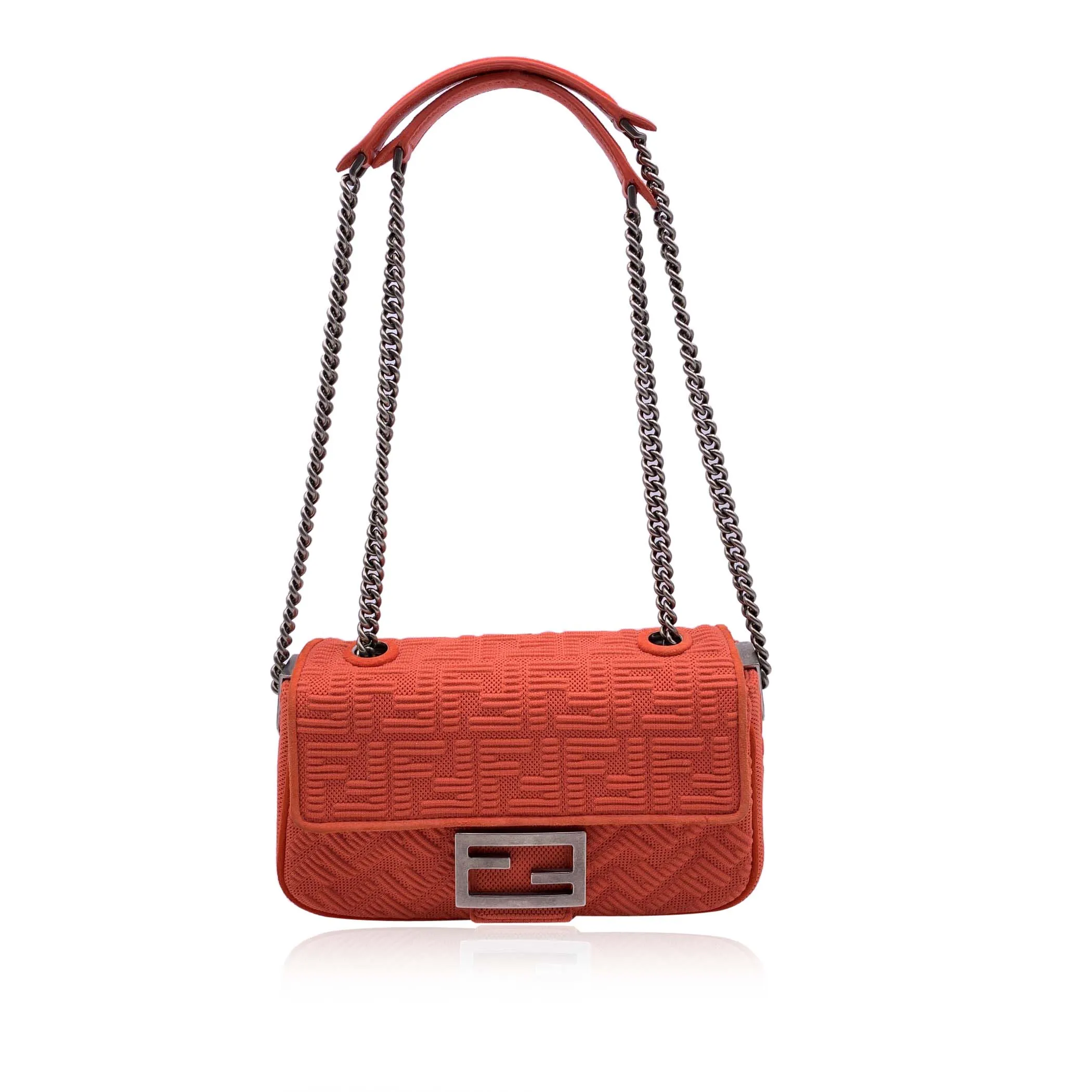 Fendi Orange Embossed FF Logo Baguette Chain Crossbody Bag