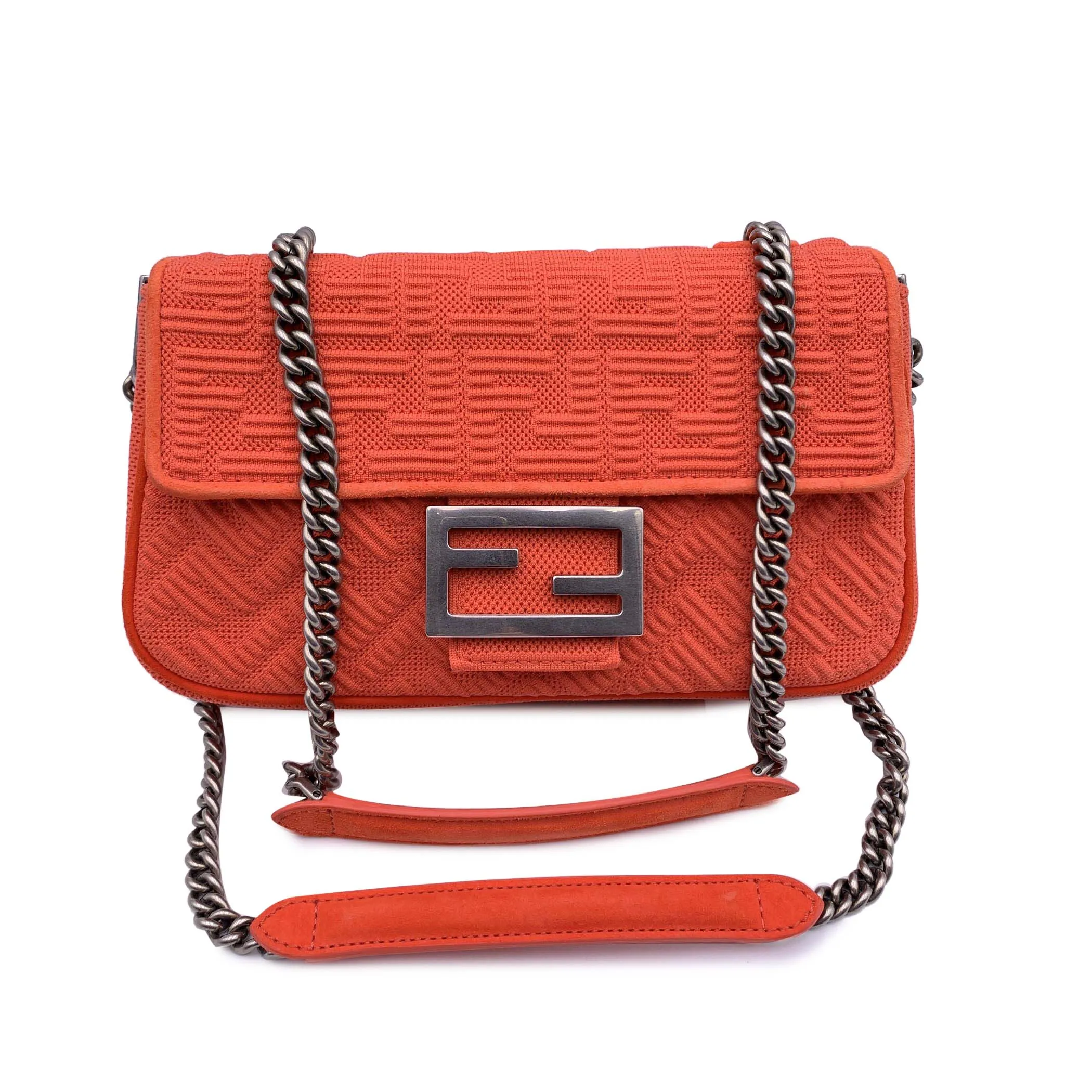 Fendi Orange Embossed FF Logo Baguette Chain Crossbody Bag