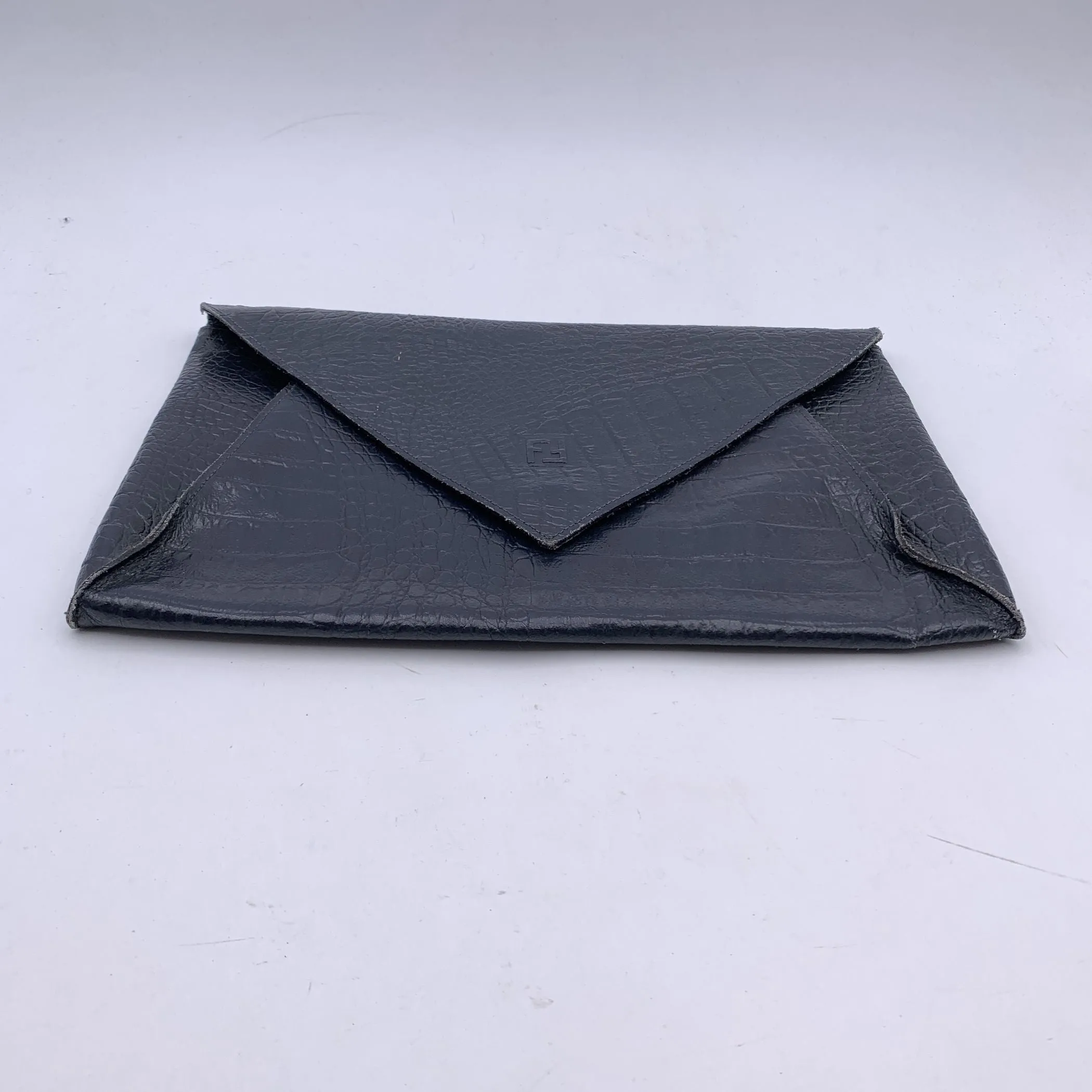 Fendi Vintage Blue Embossed Portfolio Envelope Clutch Bag