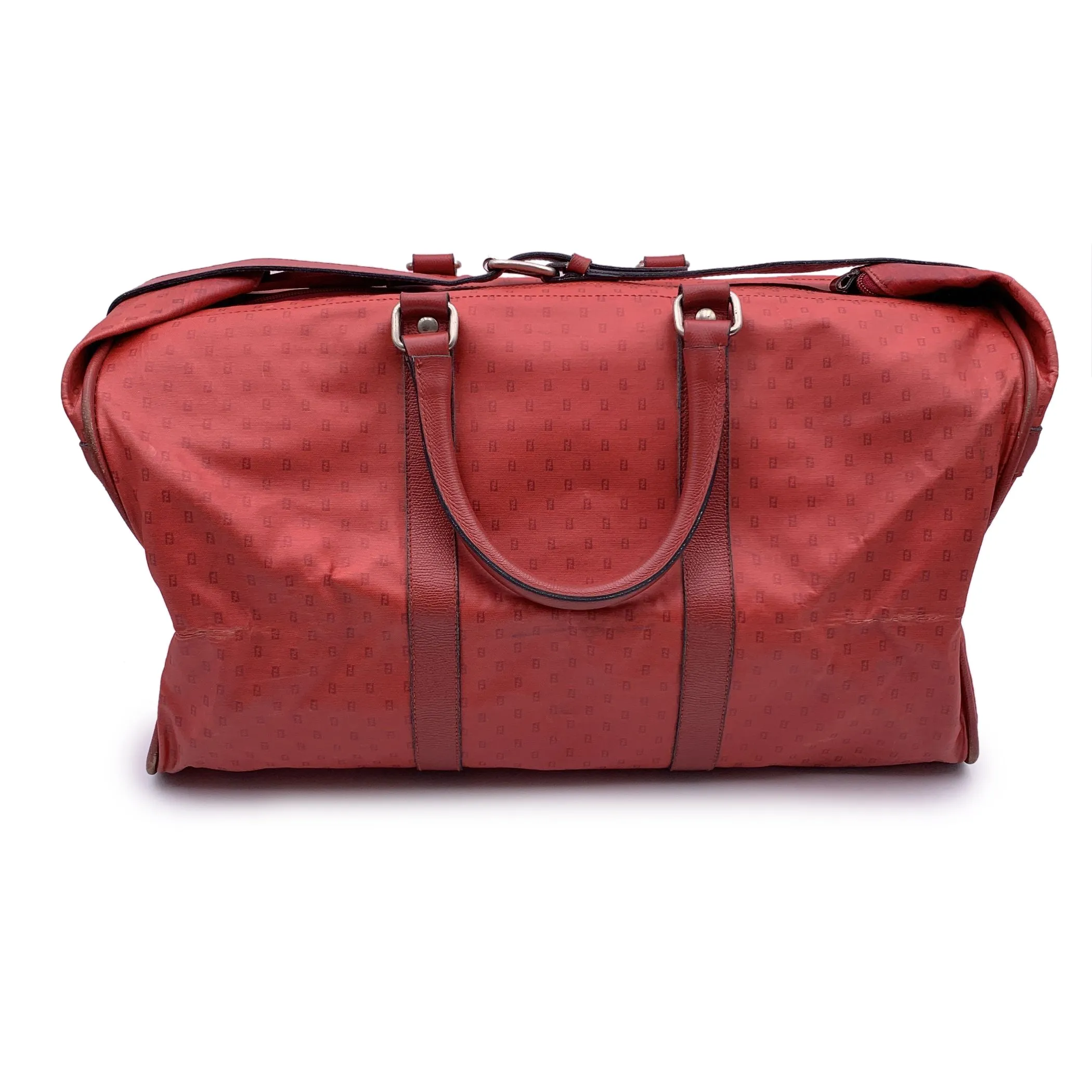 Fendi Vintage Red Monogram Canvas Duffle Travel Bag Handbag