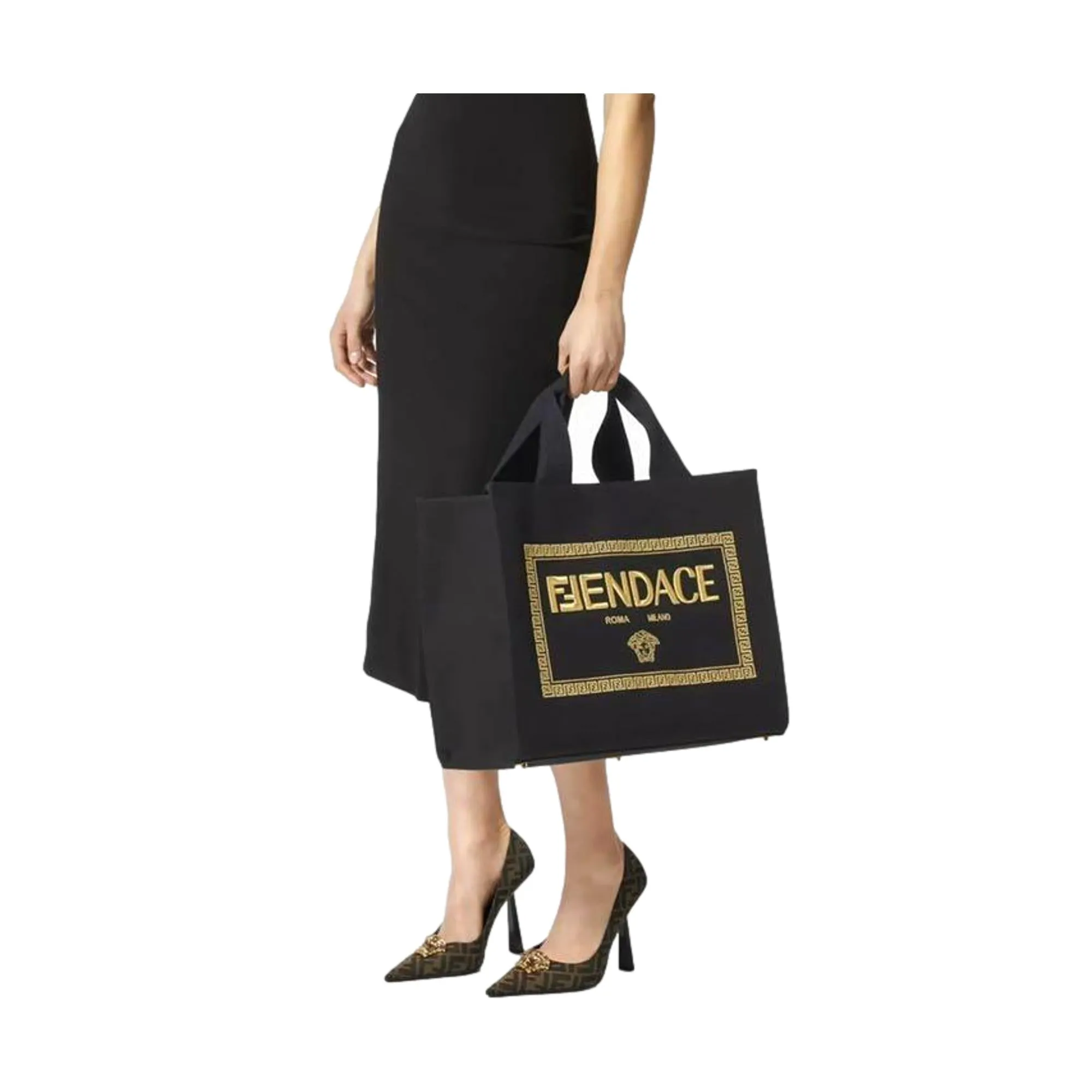 Fendi x Versace Fendace Black Canvas Convertible Large Shopping Tote