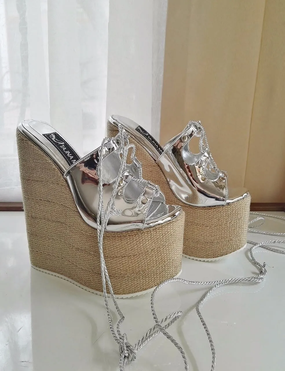 Lace up Silver Sandals Wicker Wedge Heel White Platform High Heels Shoes