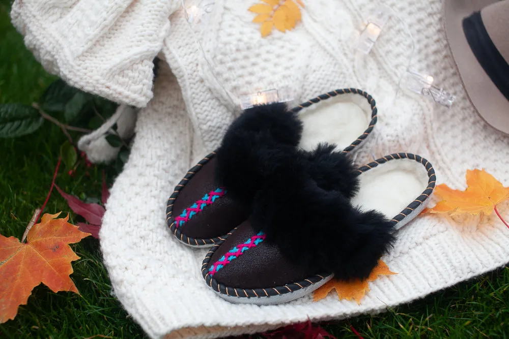 'LUCKY DIP' embroidered sheepskin mules