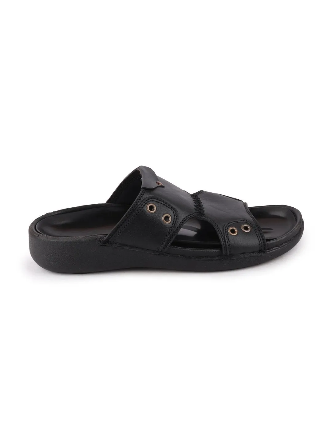 Men Black Casual Leather Slip-On Pad Slippers