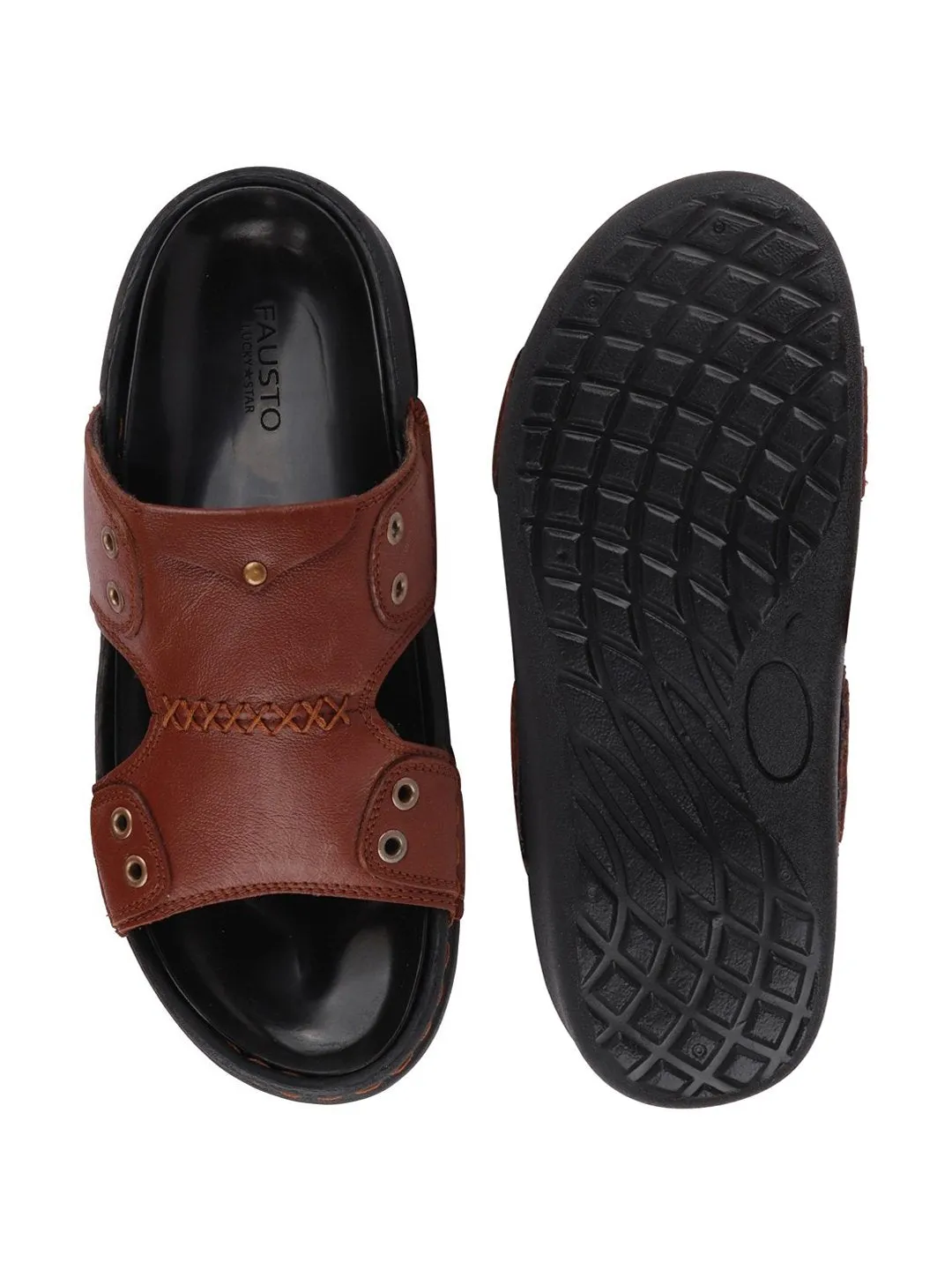 Men Tan Casual Leather Slip-On Pad Slippers