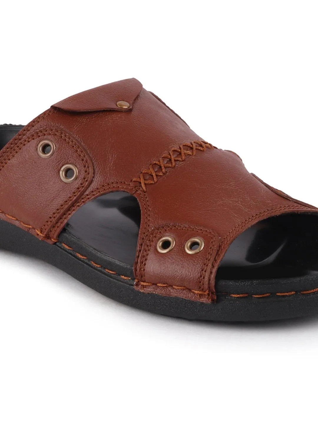 Men Tan Casual Leather Slip-On Pad Slippers