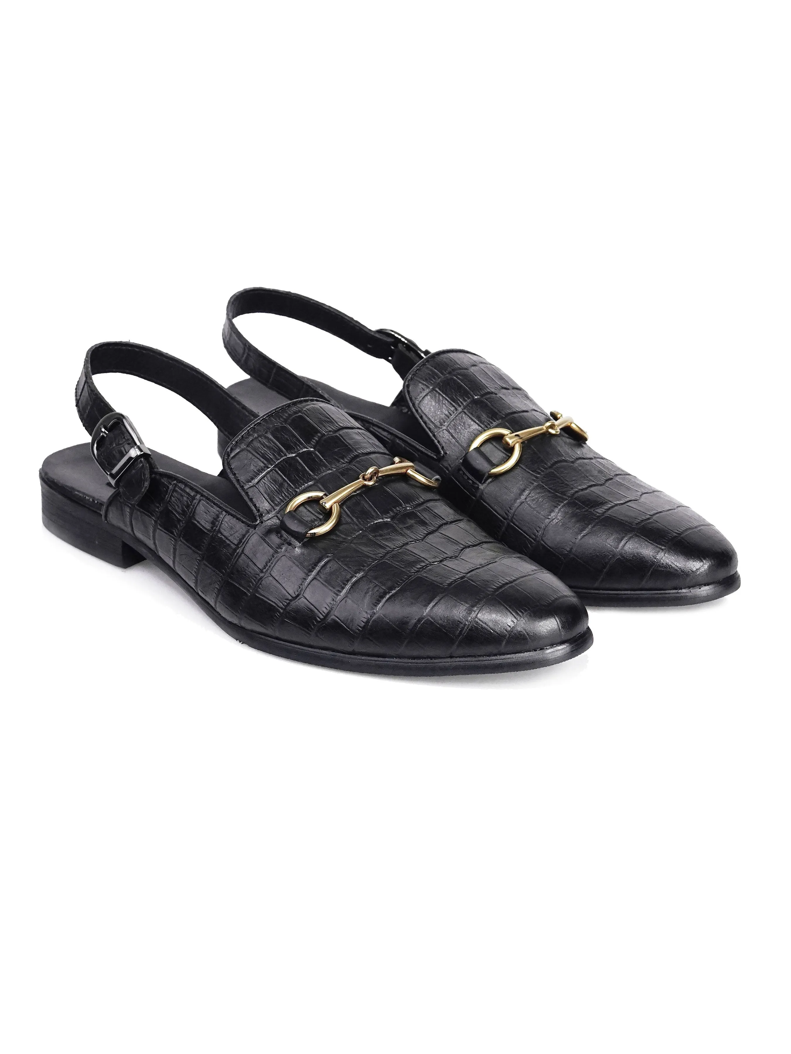 Mules Slingback Strap - Black Croco Leather Horsebit Buckle