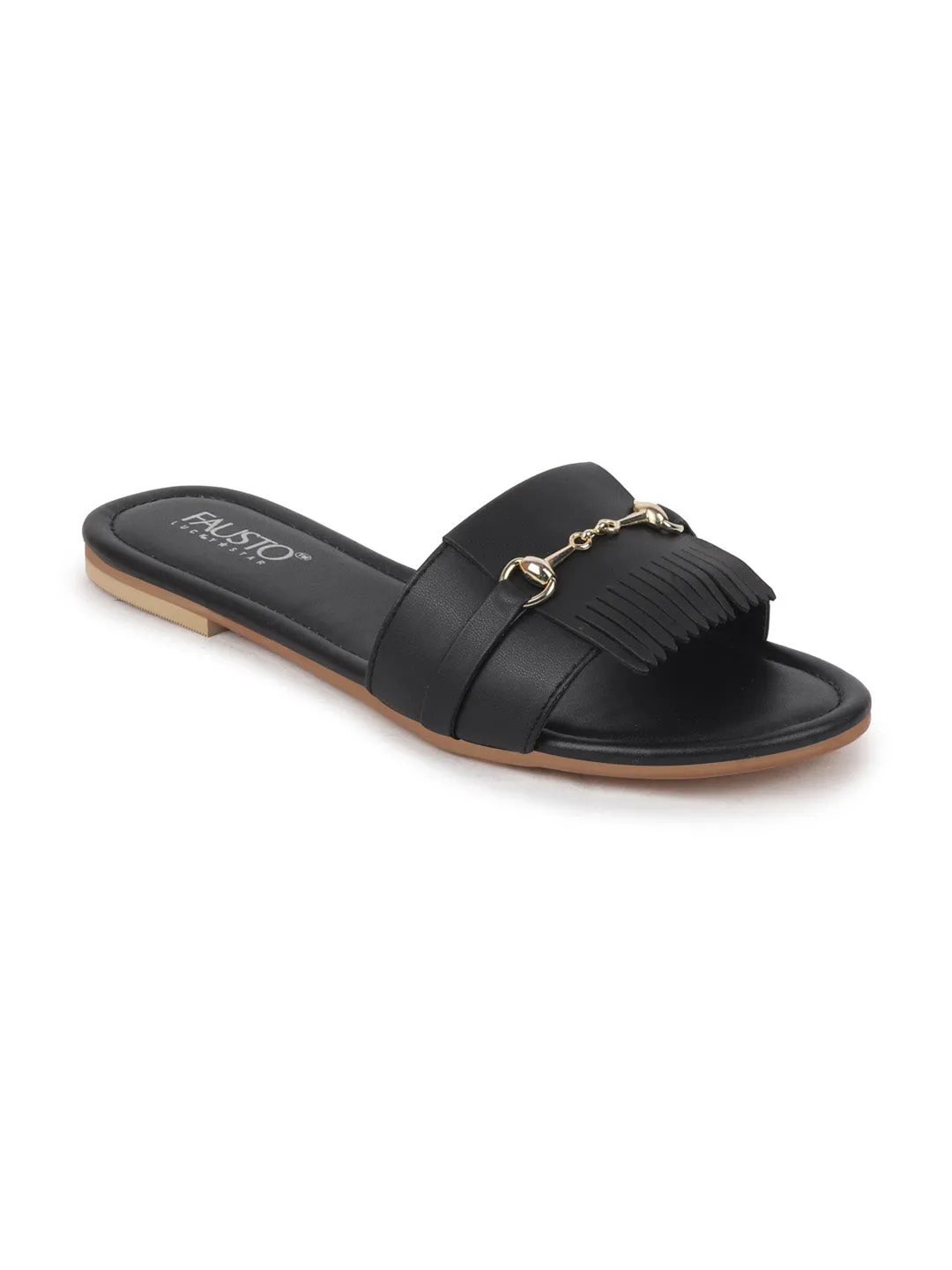 Women Black Slip-On Casual Laser Cut Horsebit Buckle Open Toe Flats Slippers